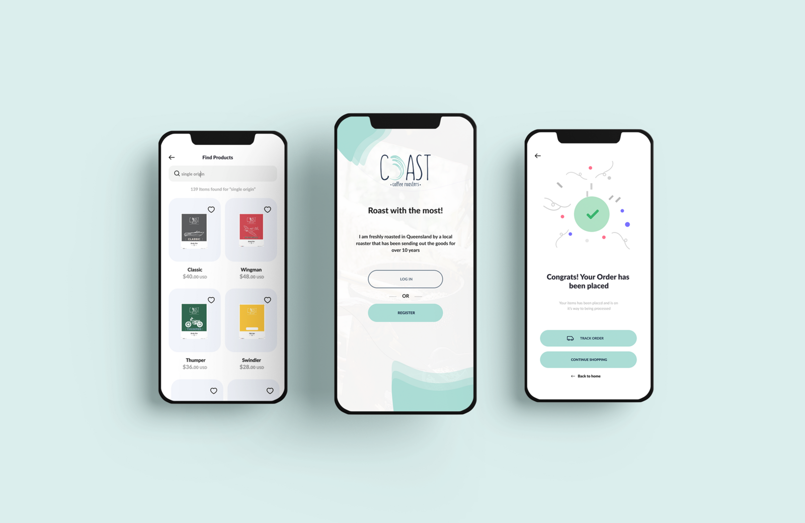 Coast Coffee B2C consumer app shown across three mobile screens: product catalogue, brand welcome, and order confirmation