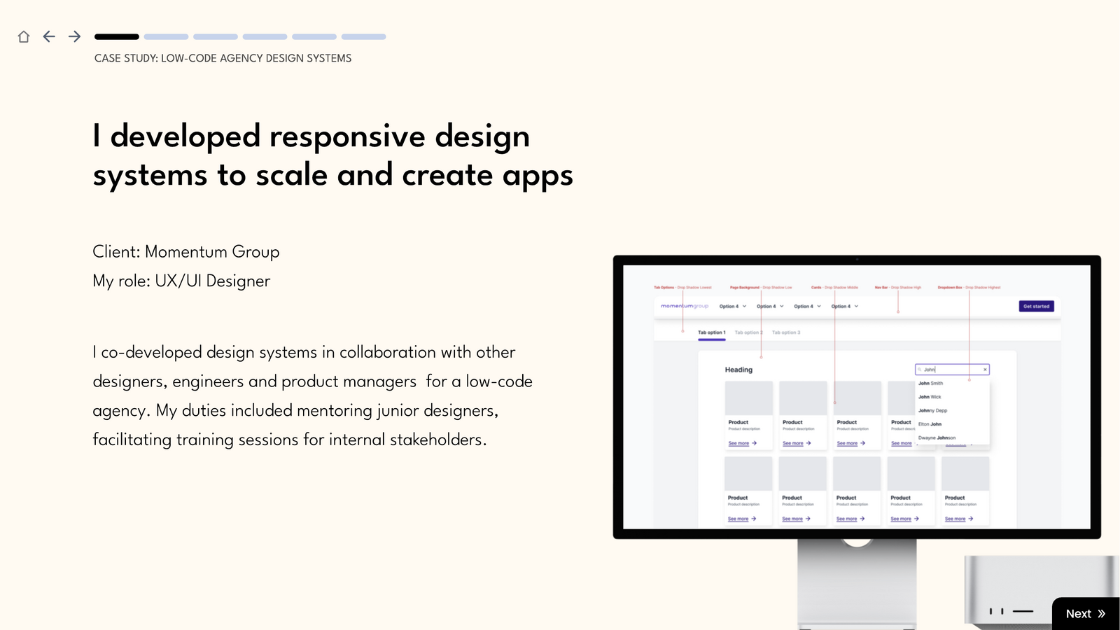M.G. design system applied to a desktop product UI